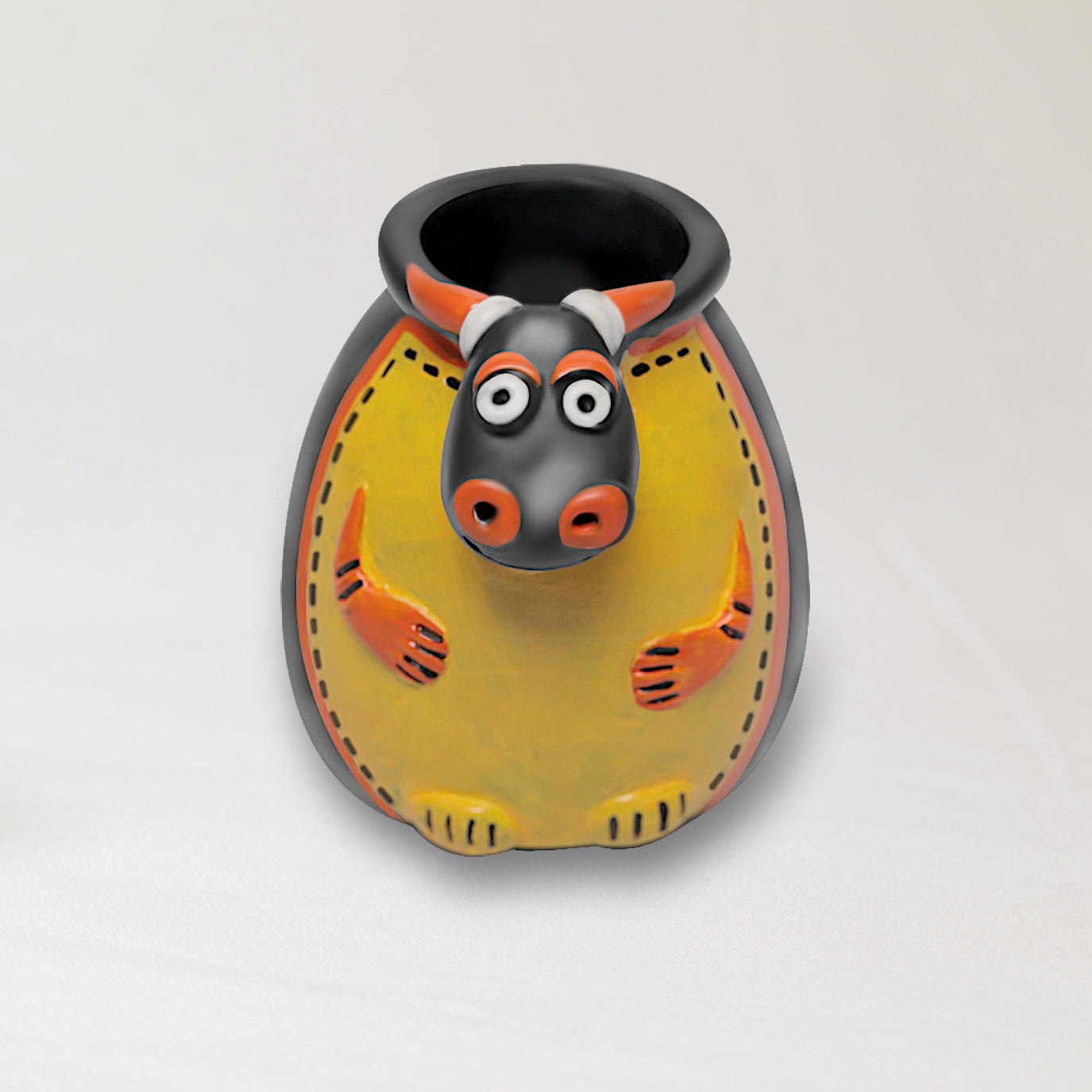 Cow Pen Holder In Black Pottery